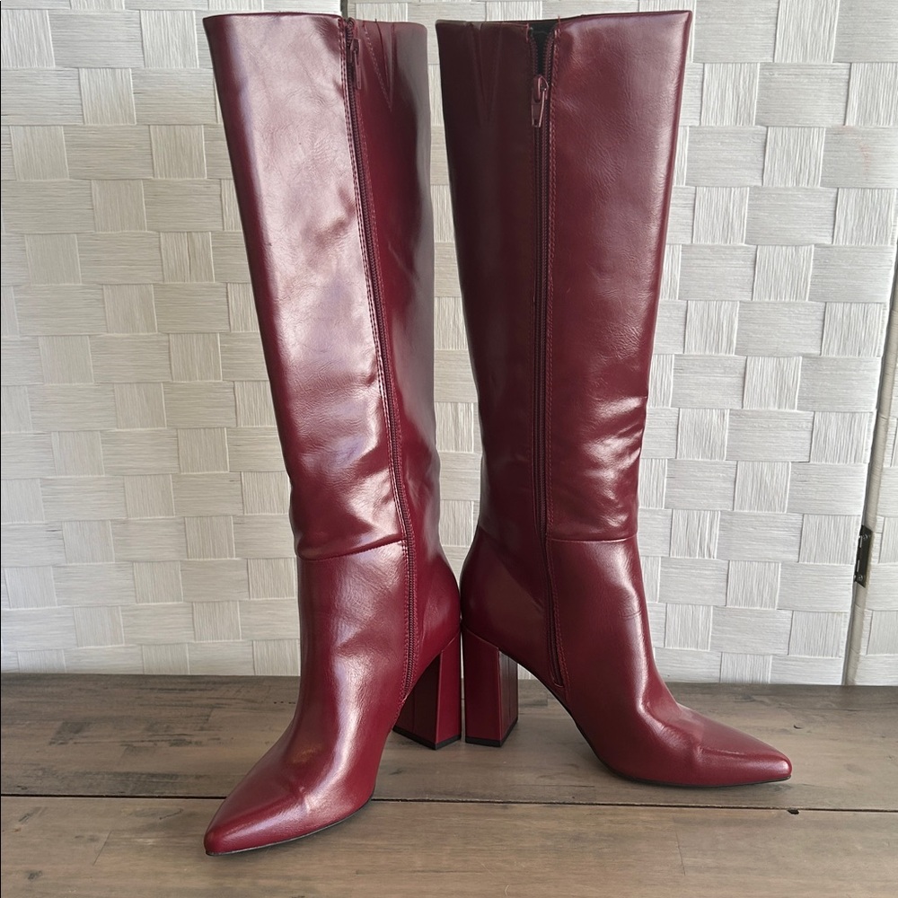 Women's Tall Pointed-Toe Block Heel Leather Boots - Burgundy - Picture 3 of 9